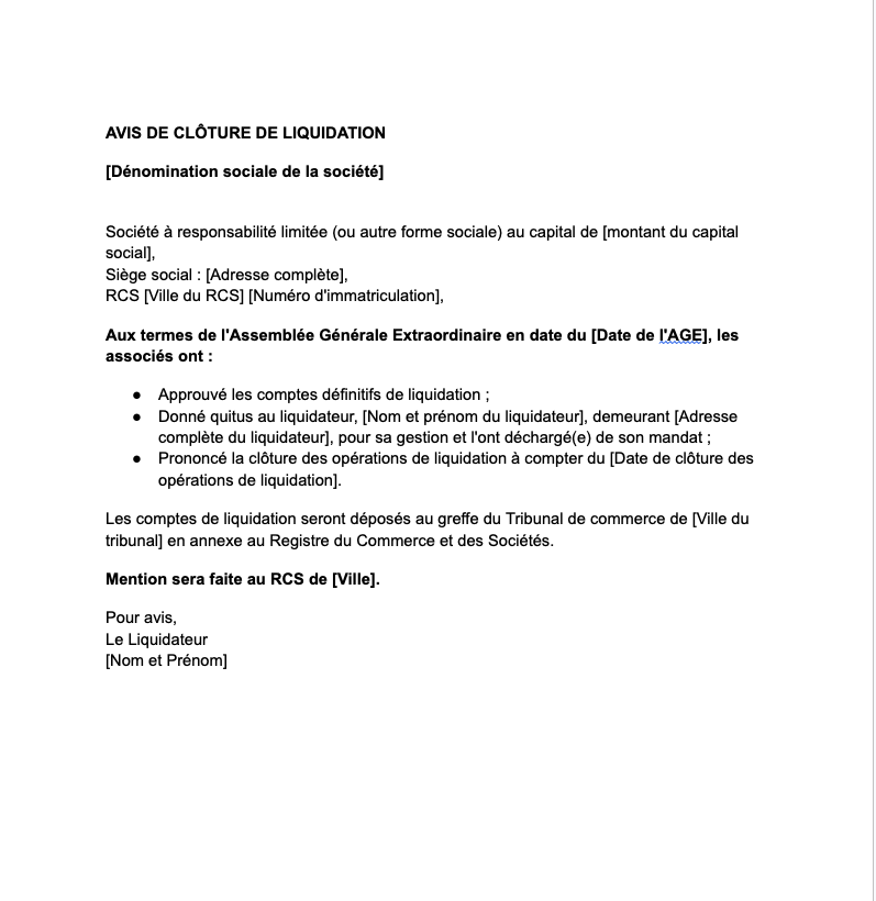 Avis de clôture de liquidation