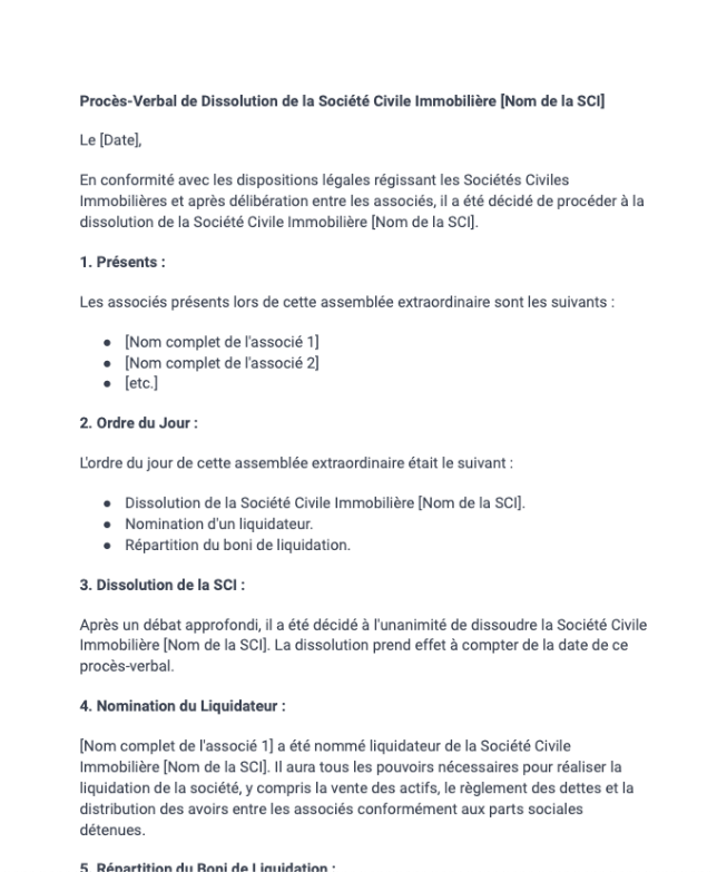 Procès-Verbal de Dissolution de SCI