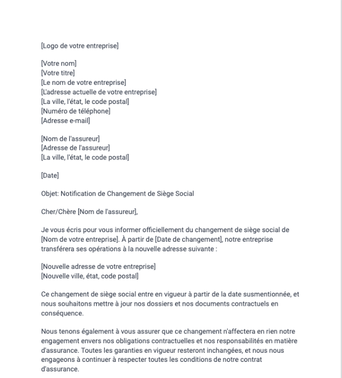 Lettre de déclaration de changement de siège social à un assureur