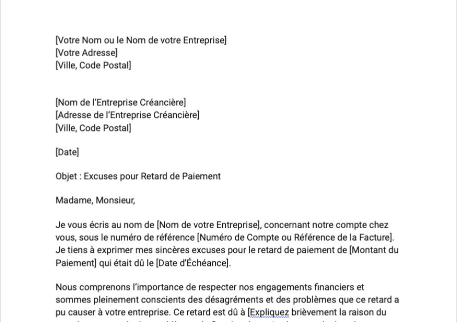 Lettre d'excuse pour retard de paiement