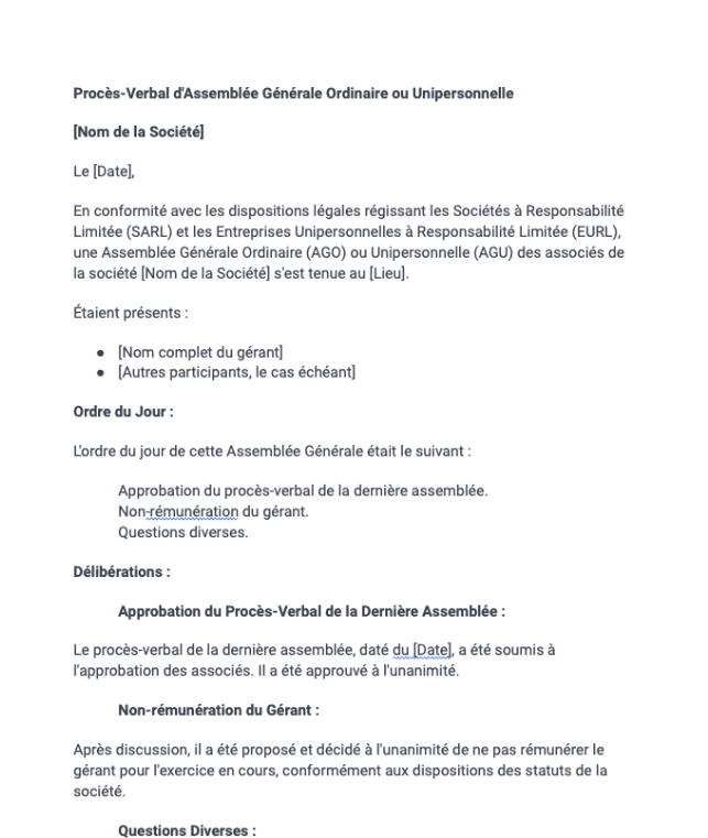 Procès-verbal de non-rémunération du gérant (SARL, EURL)