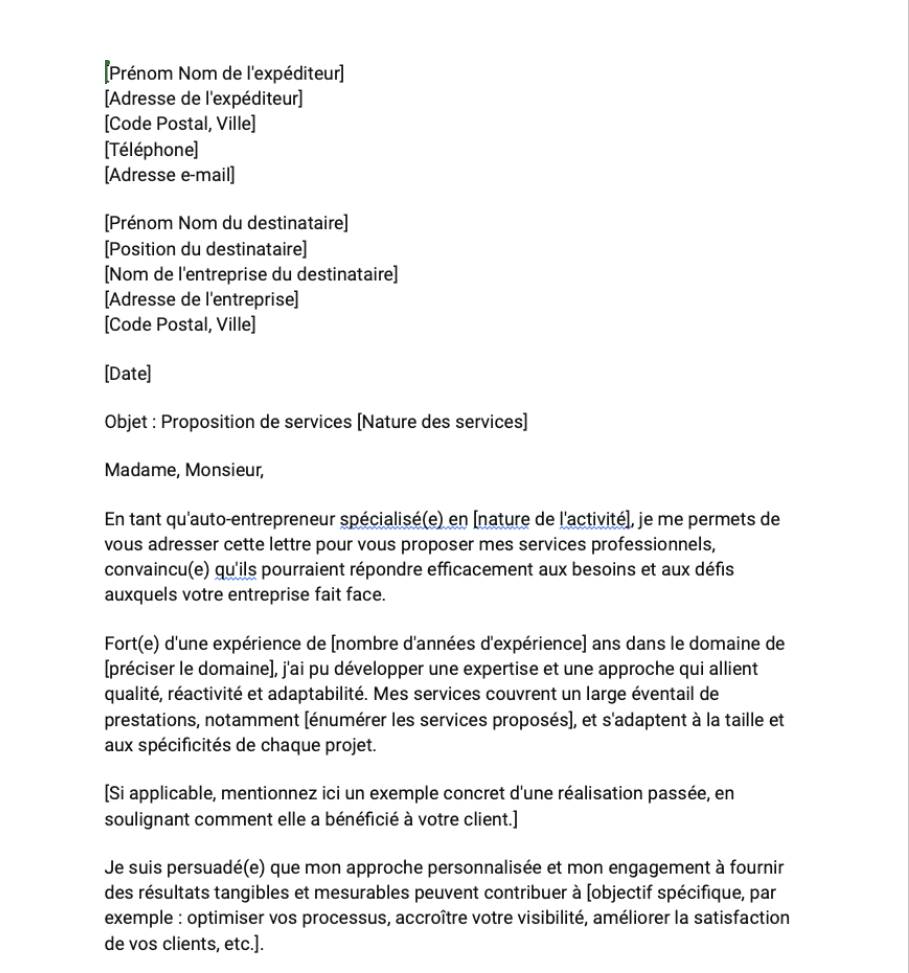 Lettre de proposition de services par un auto-entrepreneur