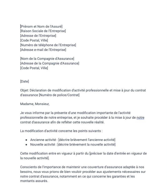 Lettre de demande de devis pour une assurance d'activité commerciale