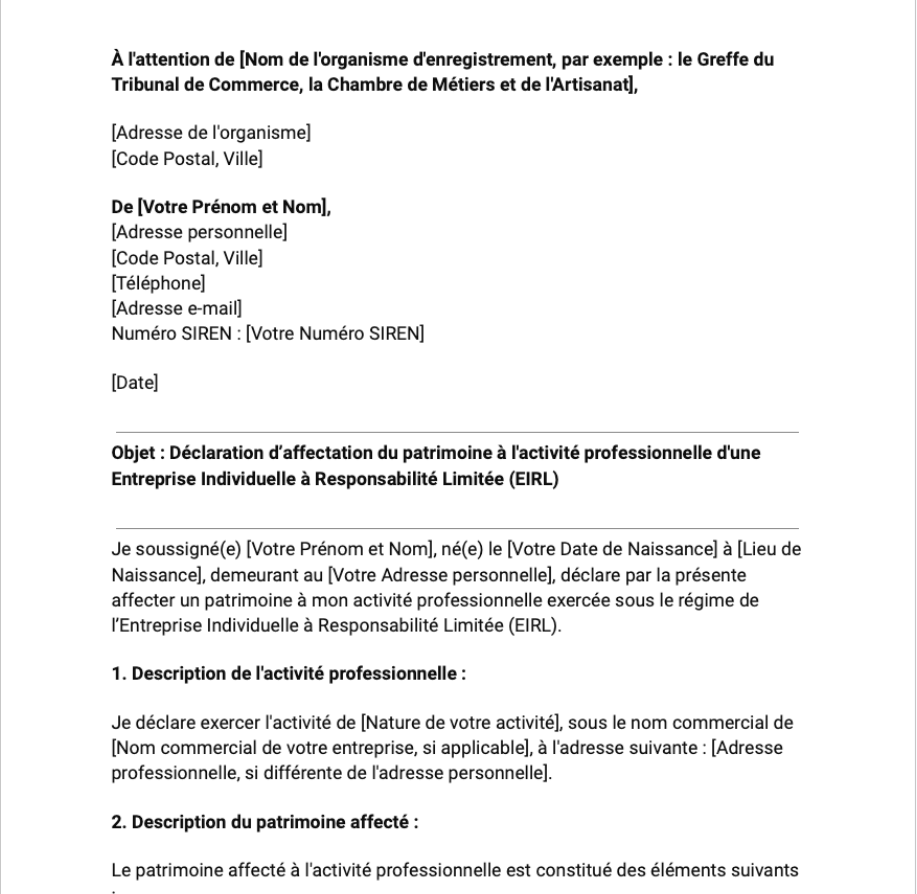 Modèle de Déclaration d’Affectation du Patrimoine à une EIRL