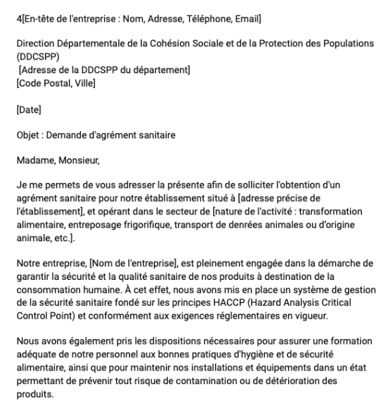 Lettre pour une demande d'agrément sanitaire à la Direction départementale de la protection des populations (DDPP) ou à la Direction départementale de la cohésion sociale et de la protection des populations (DDCSPP)