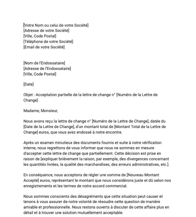 Lettre d'acceptation partielle d'un endossataire d'une lettre de change par le tiré