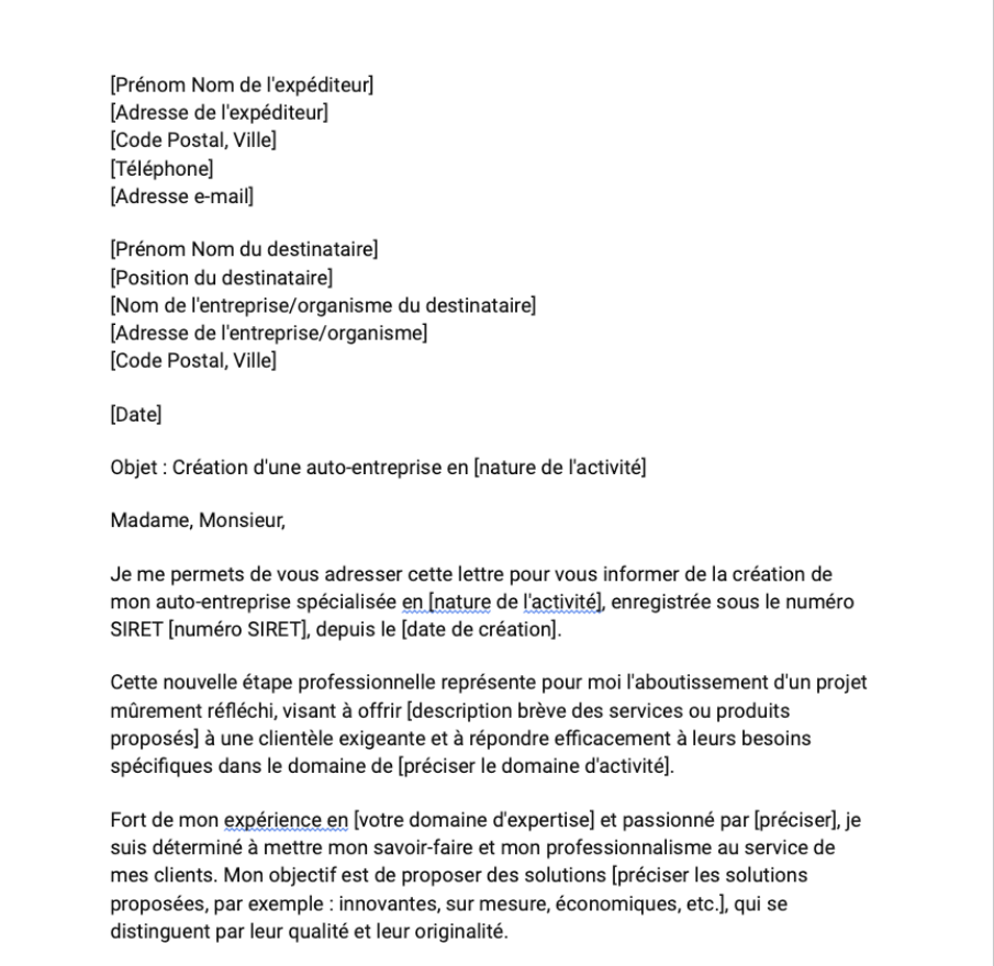 Lettre pour la création d'une auto-entreprise