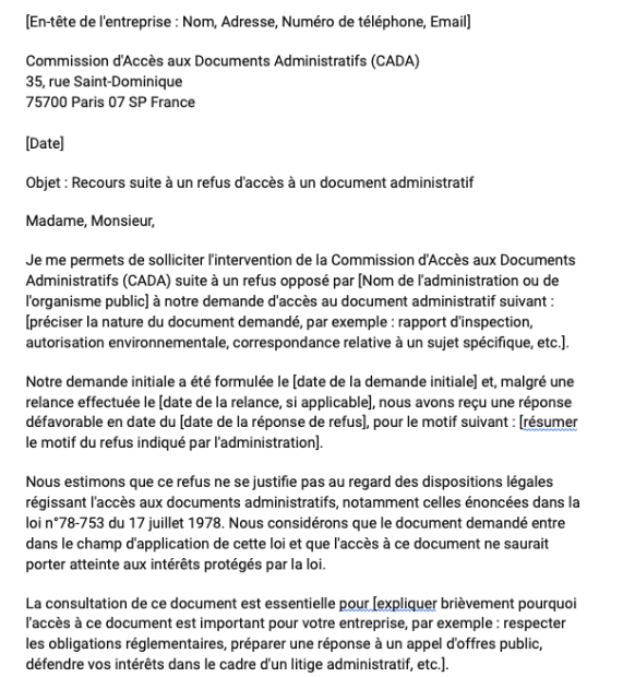 Lettre de recours par une entreprise auprès de la cada