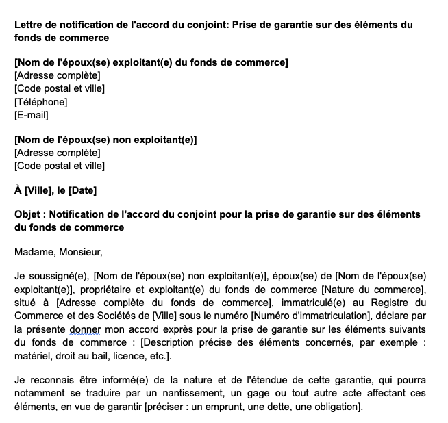 Lettre de notification de l'accord du conjoint: Prise de garantie sur des éléments du fonds de commerce