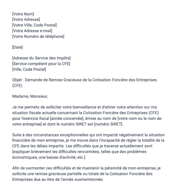 Demande de remise gracieuse de la cotisation foncière des entreprises