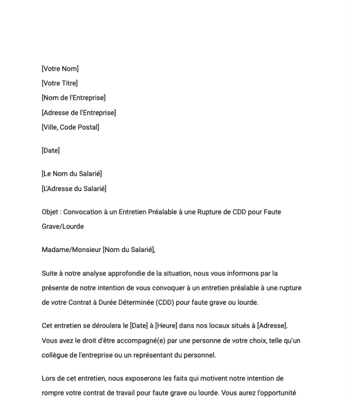 Convocation à un Entretien Préalable à une Rupture de CDD pour Faute Grave/Lourde