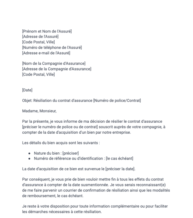 Lettre de résiliation d'un contrat d'assurance suite à l'acquisition d'un bien par une entreprise