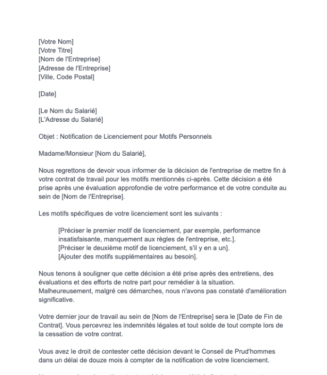 Notification de Licenciement du salarié