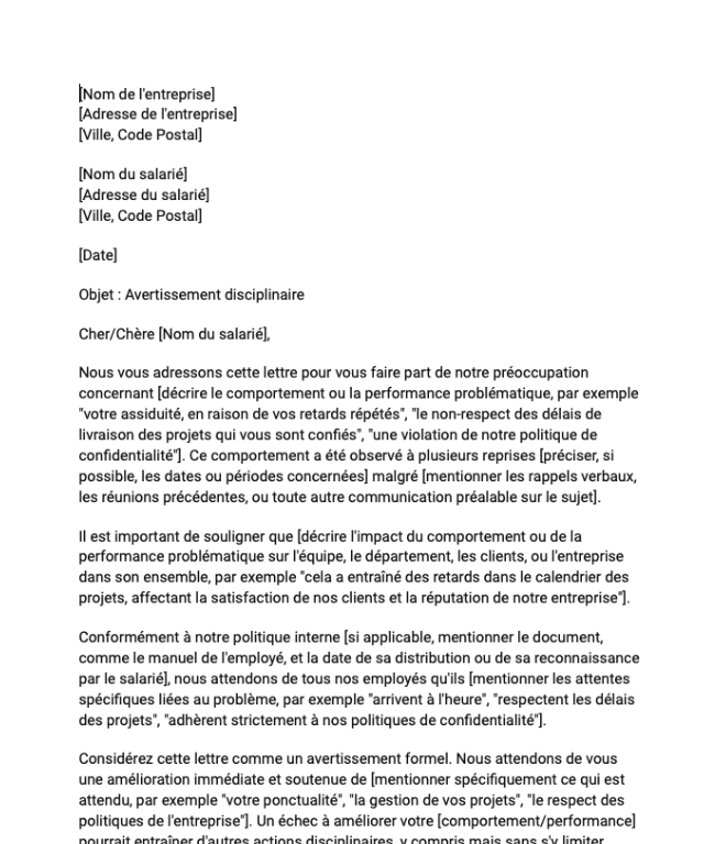 Avertissement disciplinaire (cas général)