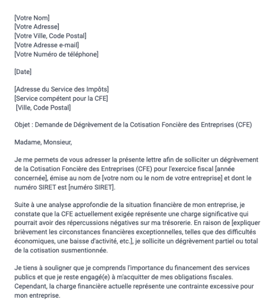 Demande de dégrèvement de la cotisation foncière des entreprises
