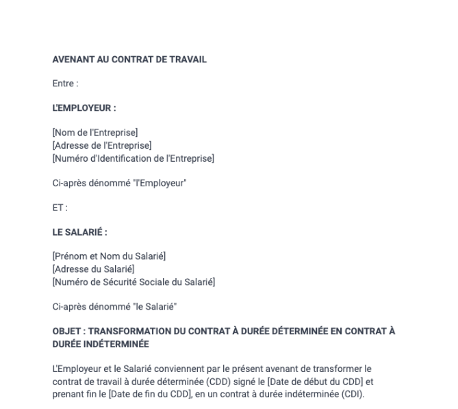 Avenant au contrat de travail - transformer un CDD en CDI