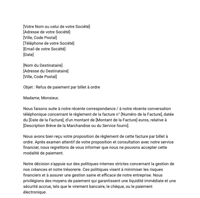 Lettre de refus d'un paiement par billet à ordre