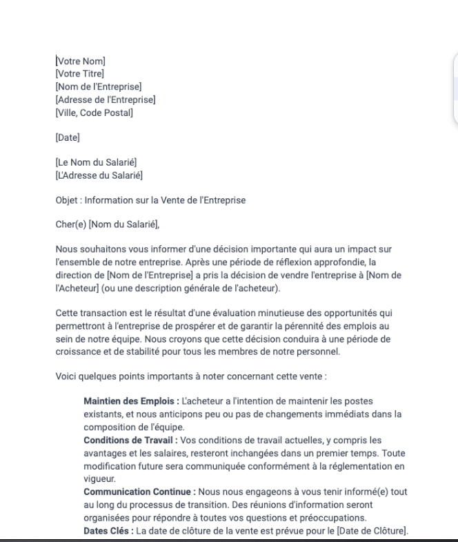 Lettre d'information du salarié sur la vente de l'entreprise
