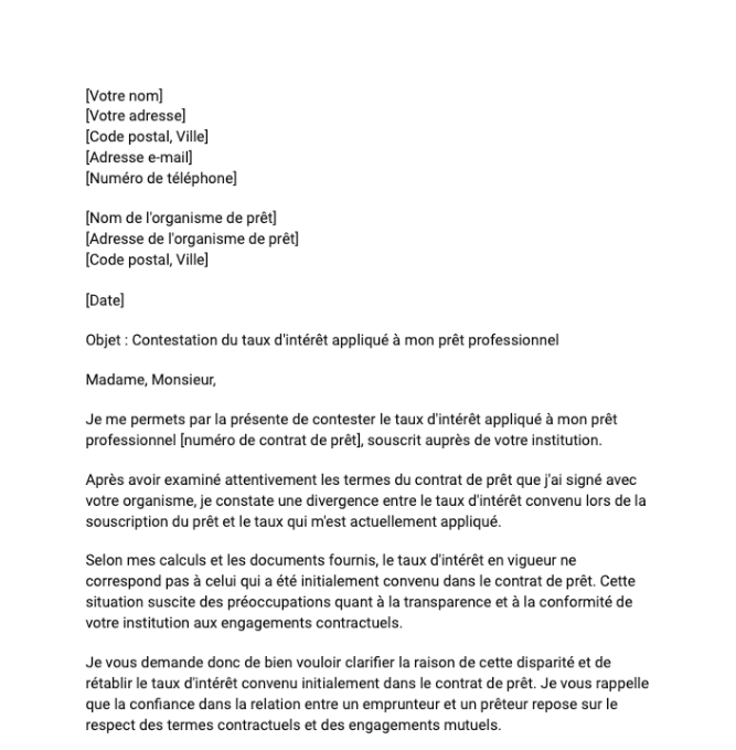 Lettre de contestation du taux d'intérêt appliqué à un prêt professionnel