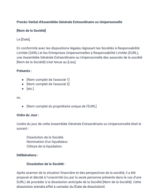 Procès-verbal de dissolution (SARL, EURL)