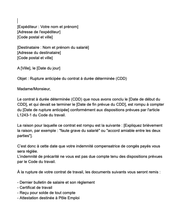 Lettre de Rupture Anticipée de CDD par l’Employeur