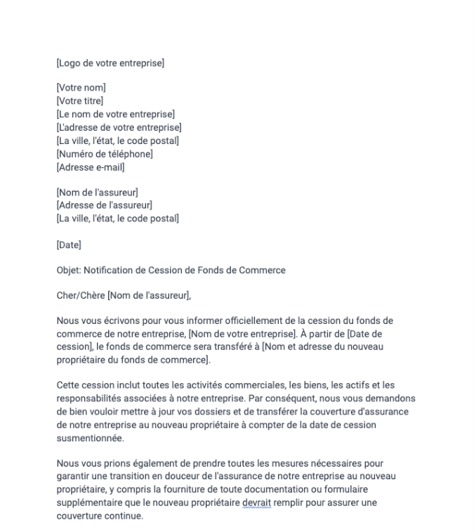 Lettre de notification à l'assureur de la cession d'un fonds de commerce
