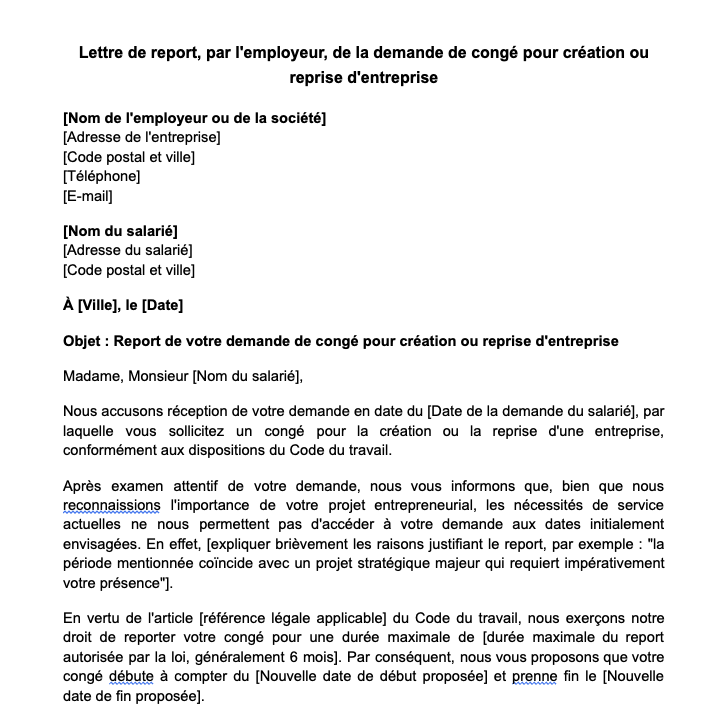 Lettre de report, par l'employeur, de la demande de congé pour création ou reprise d'entreprise