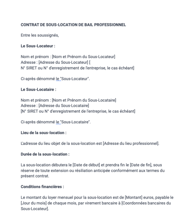 Contrat de sous-location de bail professionnel