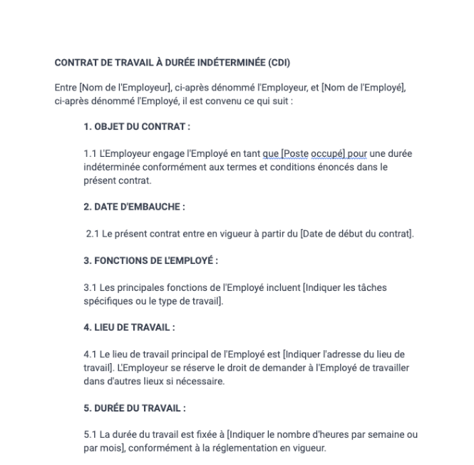 Contrat de travail - CDI