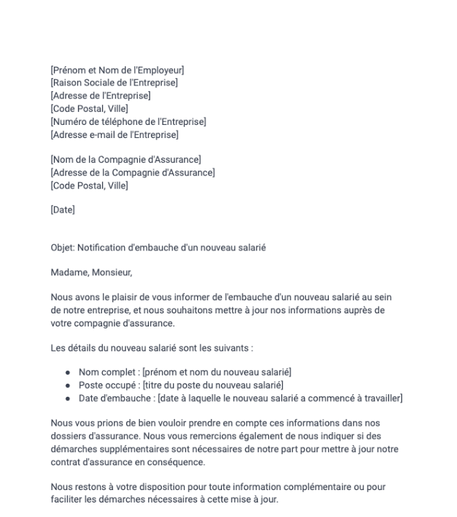 Lettre de notification à l'assureur de l'embauche d'un nouveau salarié