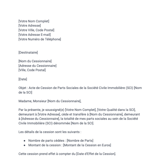 Acte de cession de parts sociales (SCI)