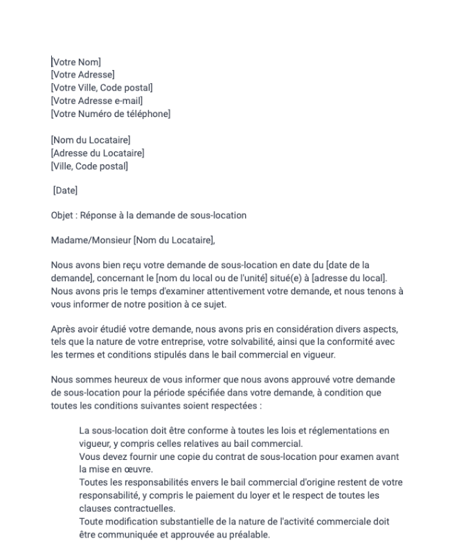 Lettre de réponse du bailleur à une demande de sous-location (bail commercial)