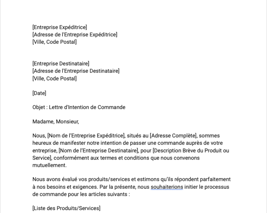 Lettre d'intention de commande