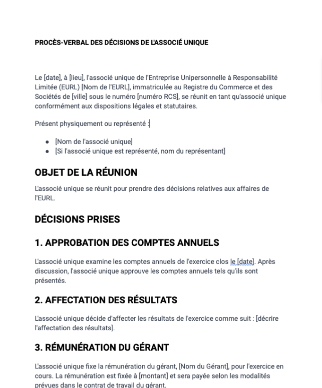 Procès-verbal des décisions de l'associé unique