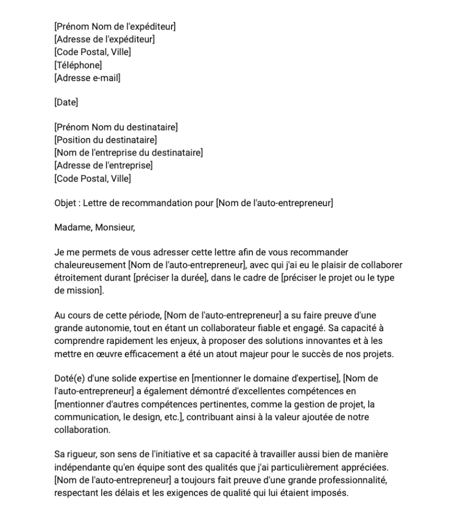 Lettre de recommandation pour un auto-entrepreneur