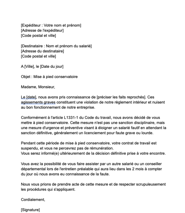 Lettre de mise à pied conservatoire