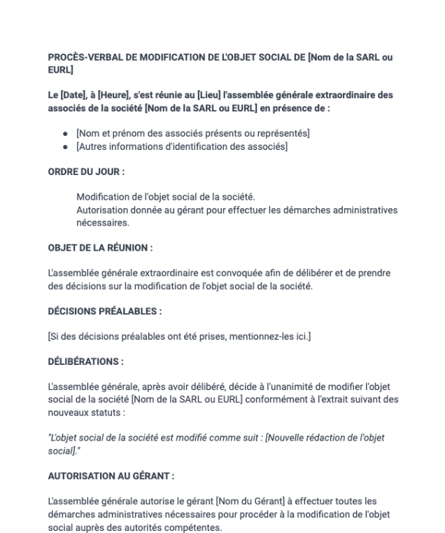 Procès-verbal de modification de l'objet social (SARL, EURL)