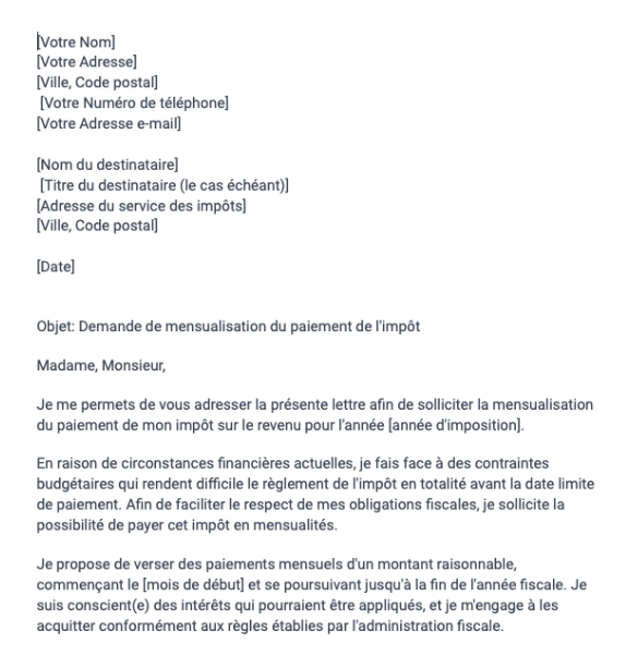 Demande de mensualisation du paiement de l'impôt