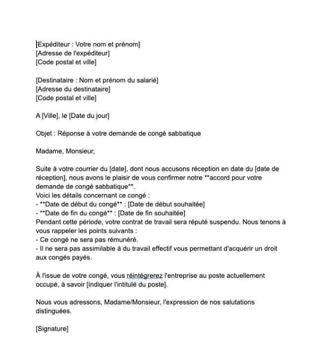 Lettre d’Accord de Congé Sabbatique par l’Employeur