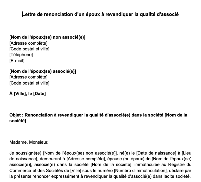 Lettre de renonciation d'un époux à revendiquer la qualité d'associé