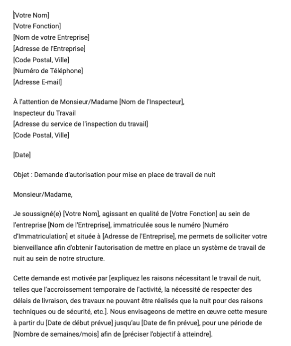 Lettre de demande d'autorisation à l'inspecteur du travail pour travail de nuit
