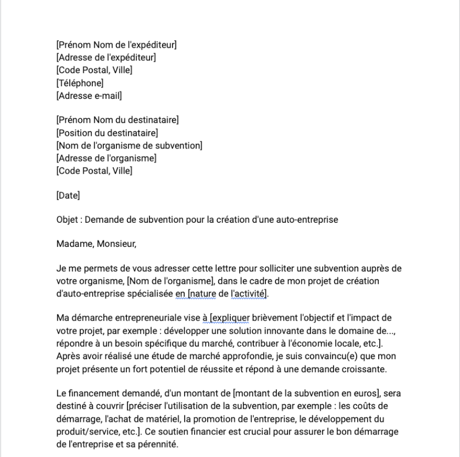 Lettre pour une demande de subvention dans le cadre de la création d'une auto-entreprise