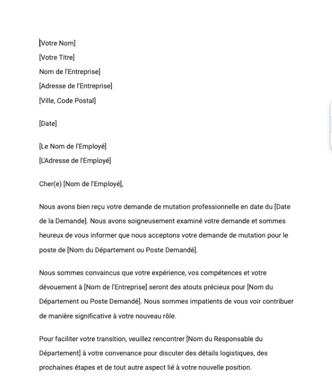 Réponse positive de l'employeur à une demande de mutation