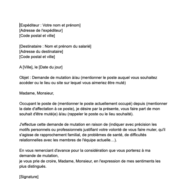 Lettre de demande de mutation