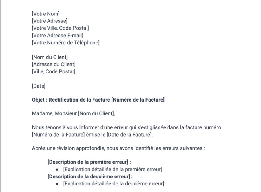Lettre de rectification d'une facture
