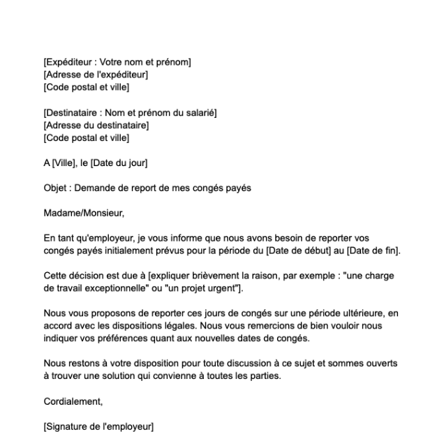 Lettre de Demande de Report de Congés Payés par l’Employeur