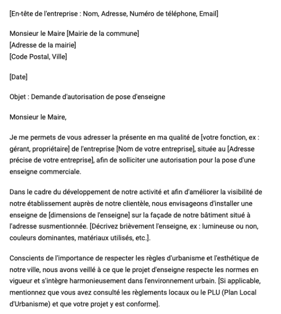 Lettre de demande d'autorisation de pose d'enseigne