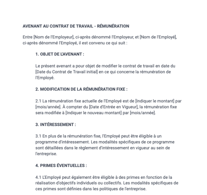 Avenant au contrat de travail - Rémunération