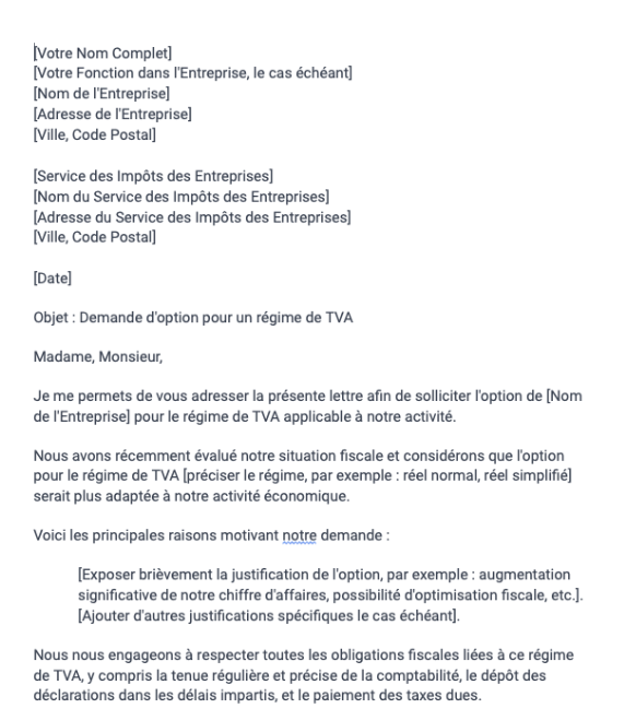 Demande d'option pour un régime de TVA