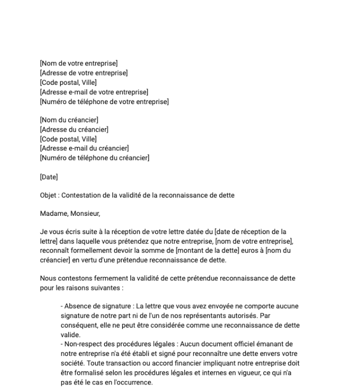 Lettre de contestation de la validité d'une reconnaissance de dette par une entreprise
